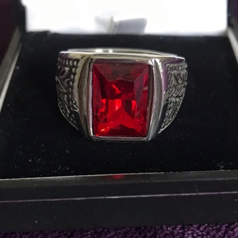 Men's Stainless Steel Ring with Red Gemstone
